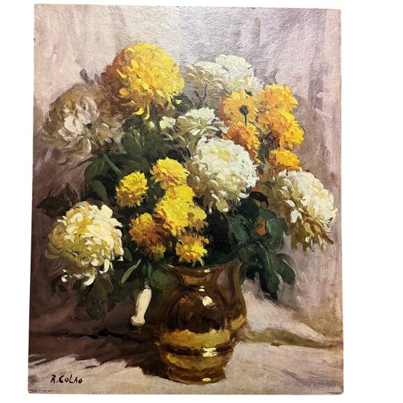 Bouquet in Brass Yellow Flowers Vase Lithograph Art Mid Century Modern 16x20 - Picture 1 of 12